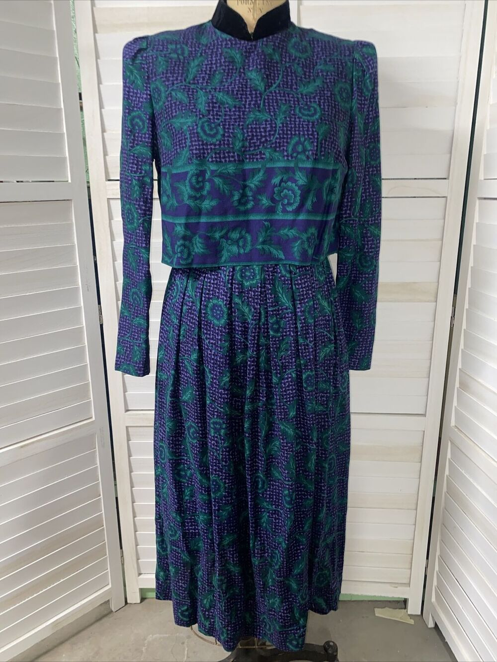 Halmode Petites Vintage Maxi Dress Women’s Green Purple Long Sleeve Sz 6